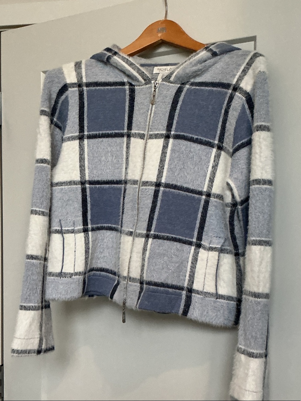 Rachel Zoe Blue & White Plaid Hooded Zip Cardigan